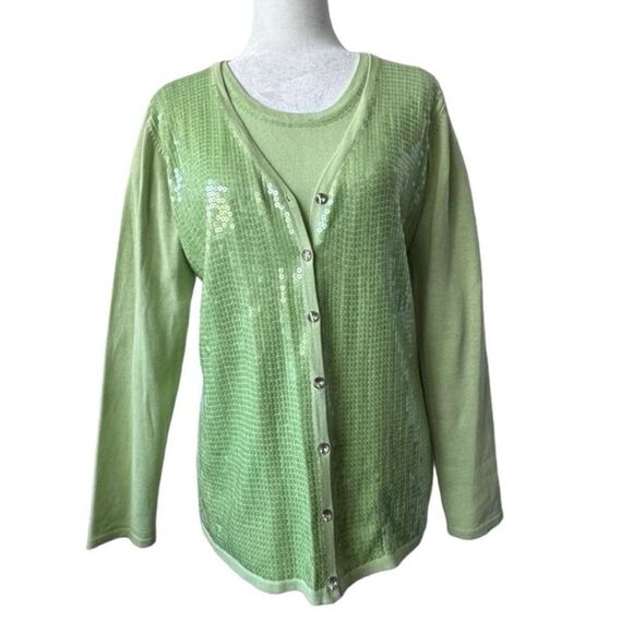 Quacker Factory Cardigan and Sleeveless Knit Tank Set Green Sequins SZ S - Picture 15 of 15